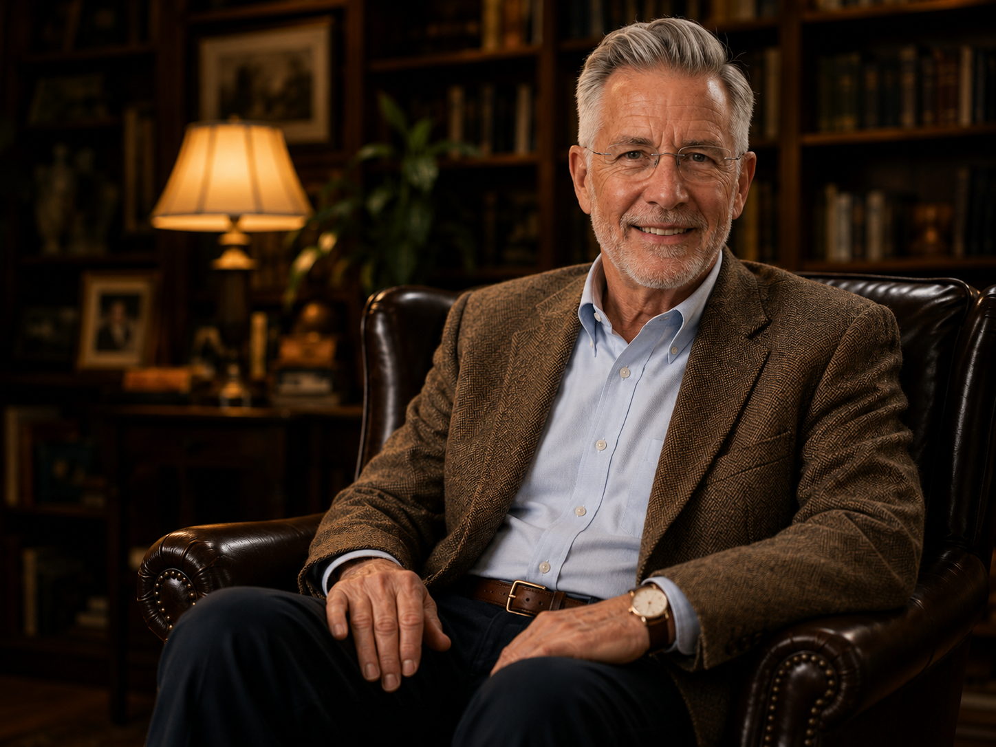 An older man with grey hair and glasses sits in a leather armchair in a warmly lit, book-lined study.