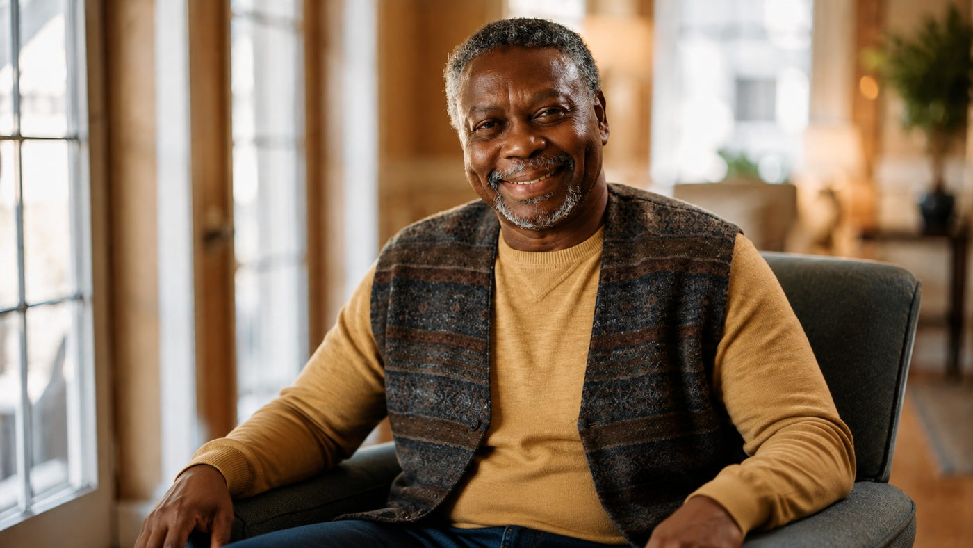 An older Black man in a patterned waistcoat sits in an armchair in a warm room filled with daylight.