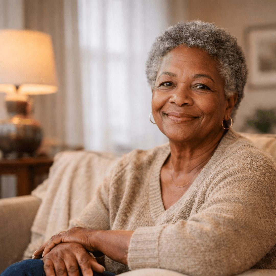 An older Black woman in a beige knitted sweater sits on a sofa at home, hands resting together, smiling gently.