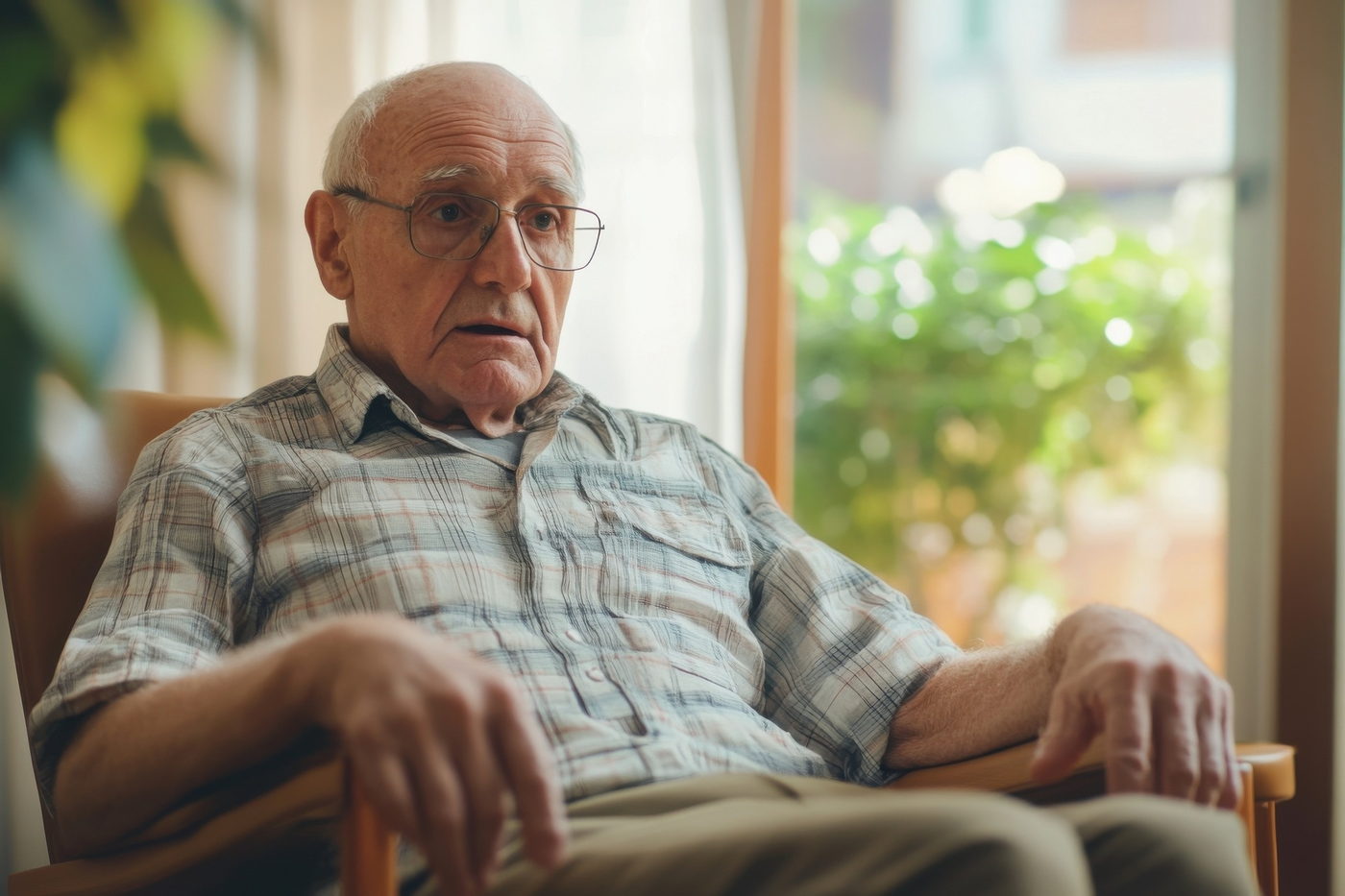 An elderly white man in a checked shirt sits in a wooden chair beside a bright window, speaking mid-sentence.