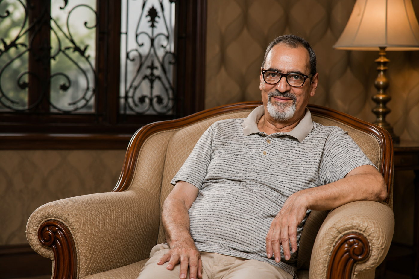 An older South Asian man with glasses and a grey beard sits comfortably in an armchair beside a lamp.